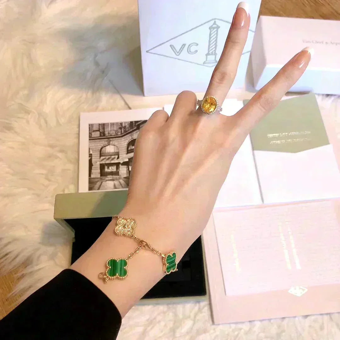 [LunaMar]LUCKY CLOVER 5-MOTIF BRACELET - MALACHITE COLLECTION