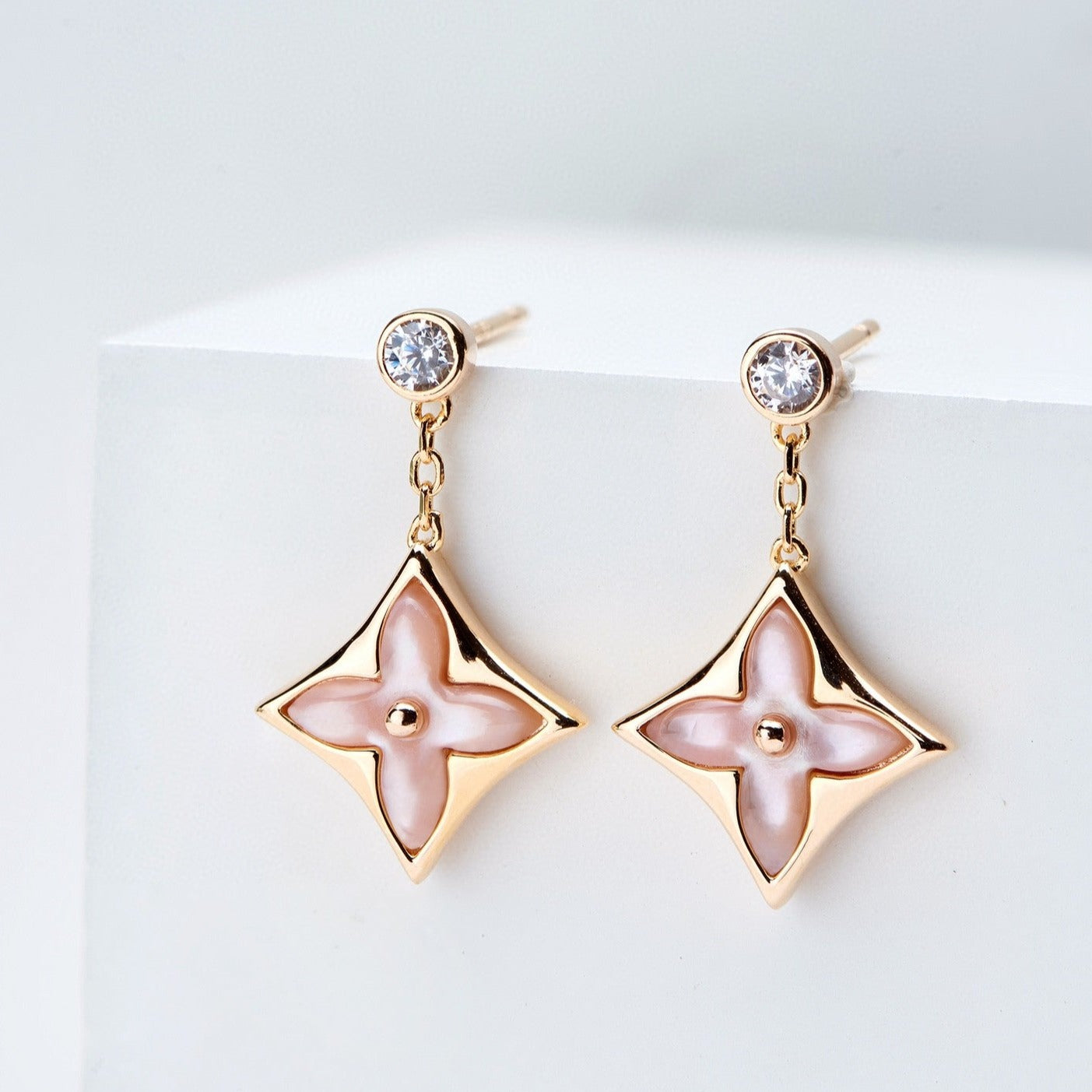 [LunaMar]DOUBLE STAR ROSE GOLD MOP DROP EARRINGS