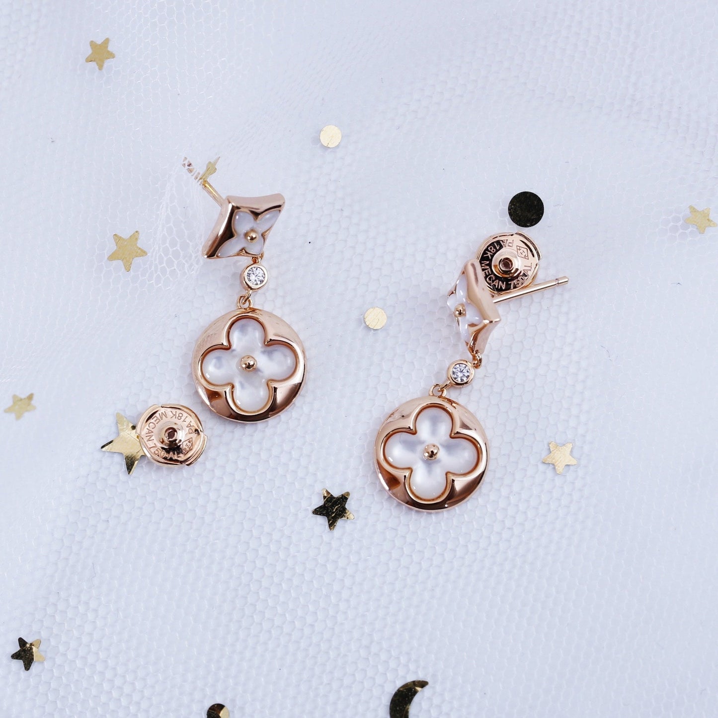 [LunaMar]STAR AND SUN ROSE GOLD MOP DROP EARRINGS