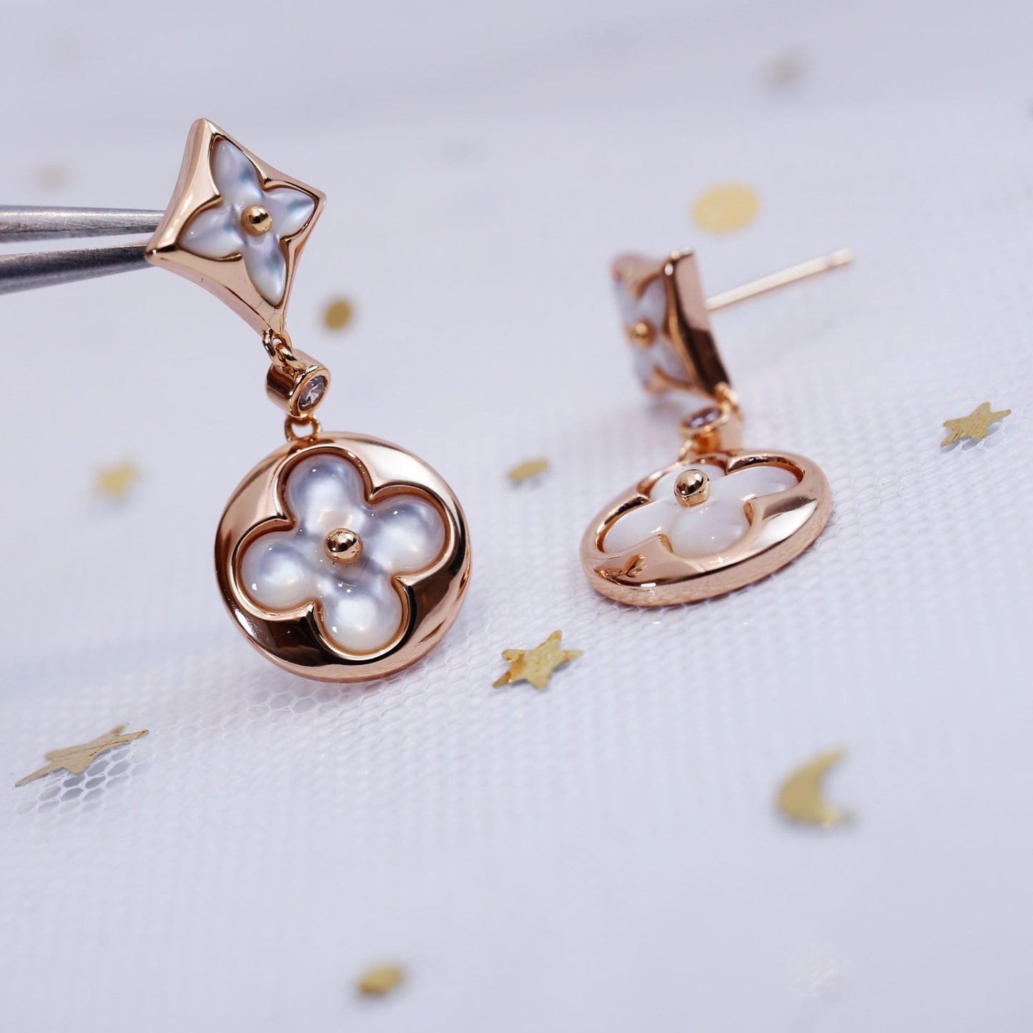 [LunaMar]STAR AND SUN ROSE GOLD MOP DROP EARRINGS