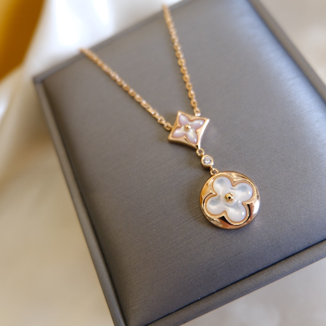 [LunaMar]STAR AND SUN WHITE MOP 2 MOTIF ROSE GOLD NECKLACE
