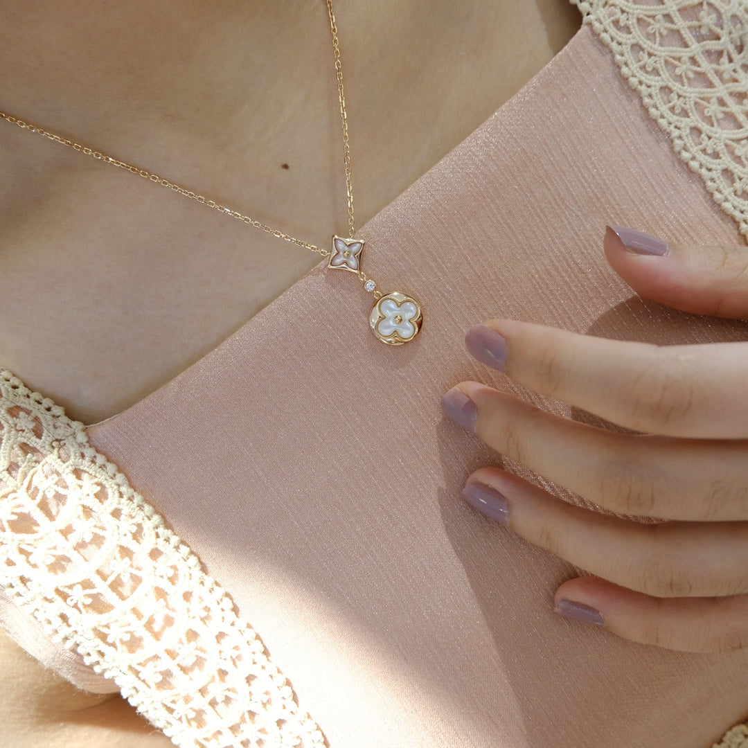[LunaMar]STAR AND SUN WHITE MOP 2 MOTIF ROSE GOLD NECKLACE