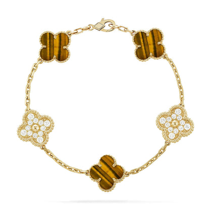 [LunaMar]LUCKY CLOVER 5-MOTIF BRACELET -  TIGER’S EYE COLLECTION