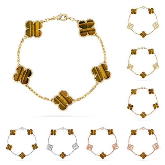 [LunaMar]LUCKY CLOVER 5-MOTIF BRACELET -  TIGER’S EYE COLLECTION