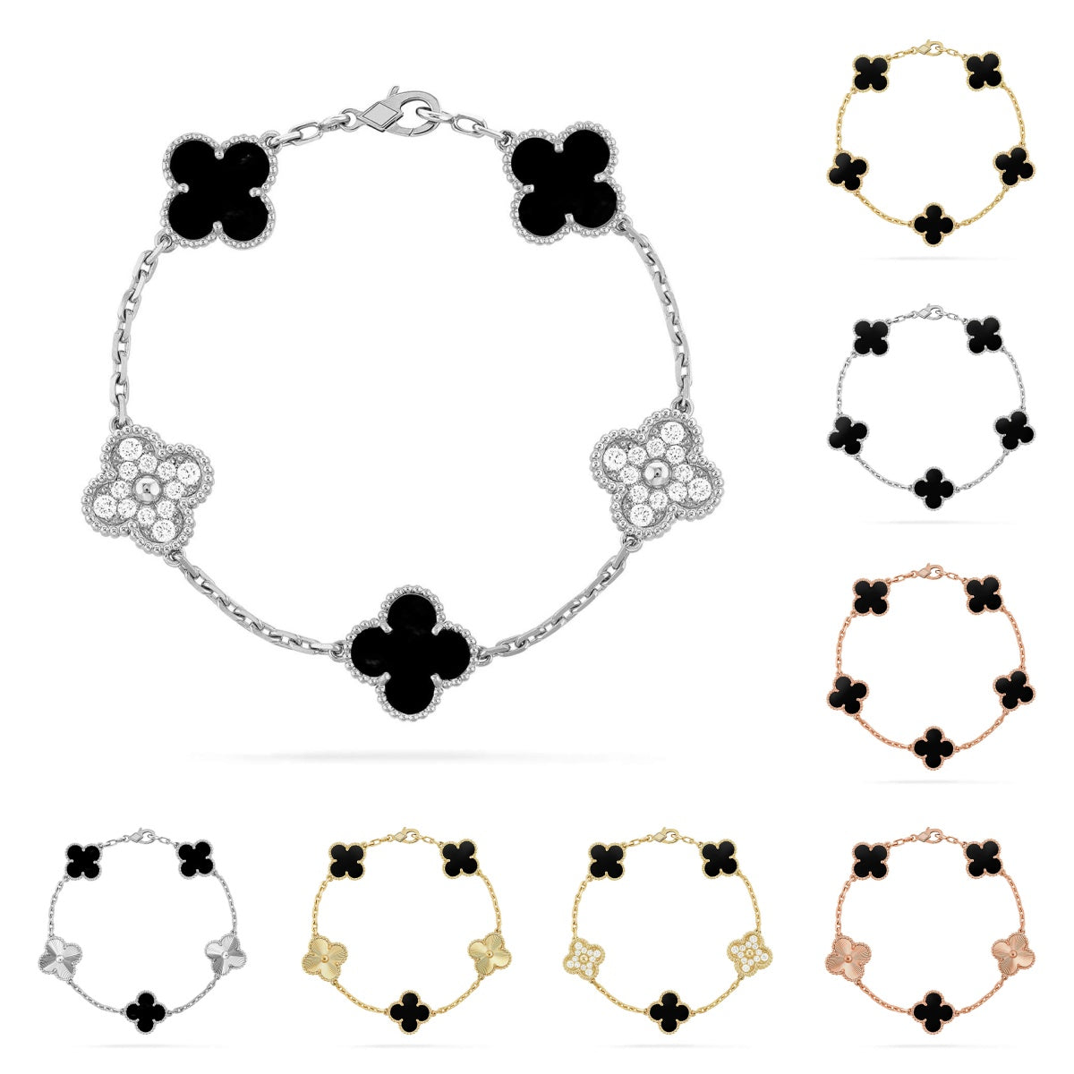 [LunaMar]LUCKY CLOVER 5-MOTIF BRACELET - BLACK OXNY COLLECTION