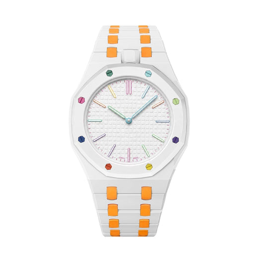 [LunaMar]OAK POP EXCLUSIVE WHITE AND ORANGE BIOCERAMIC STRAP