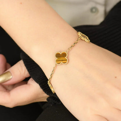 [LunaMar]LUCKY CLOVER 5-MOTIF BRACELET -  TIGER’S EYE COLLECTION