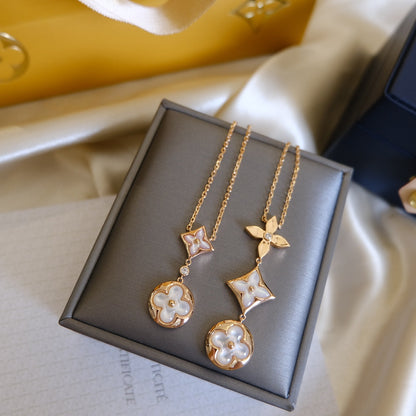 [LunaMar]COLOR BLOSSOM LARIAT NECKLACE ROSE GOLD WHITE MOTHER PEARL AND DIAMOND
