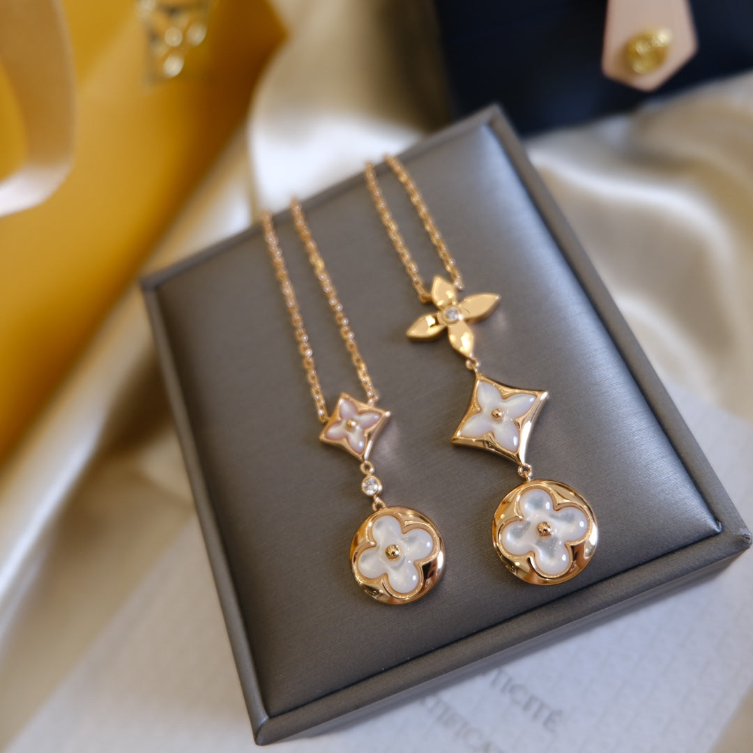 [LunaMar]COLOR BLOSSOM LARIAT NECKLACE ROSE GOLD WHITE MOTHER PEARL AND DIAMOND