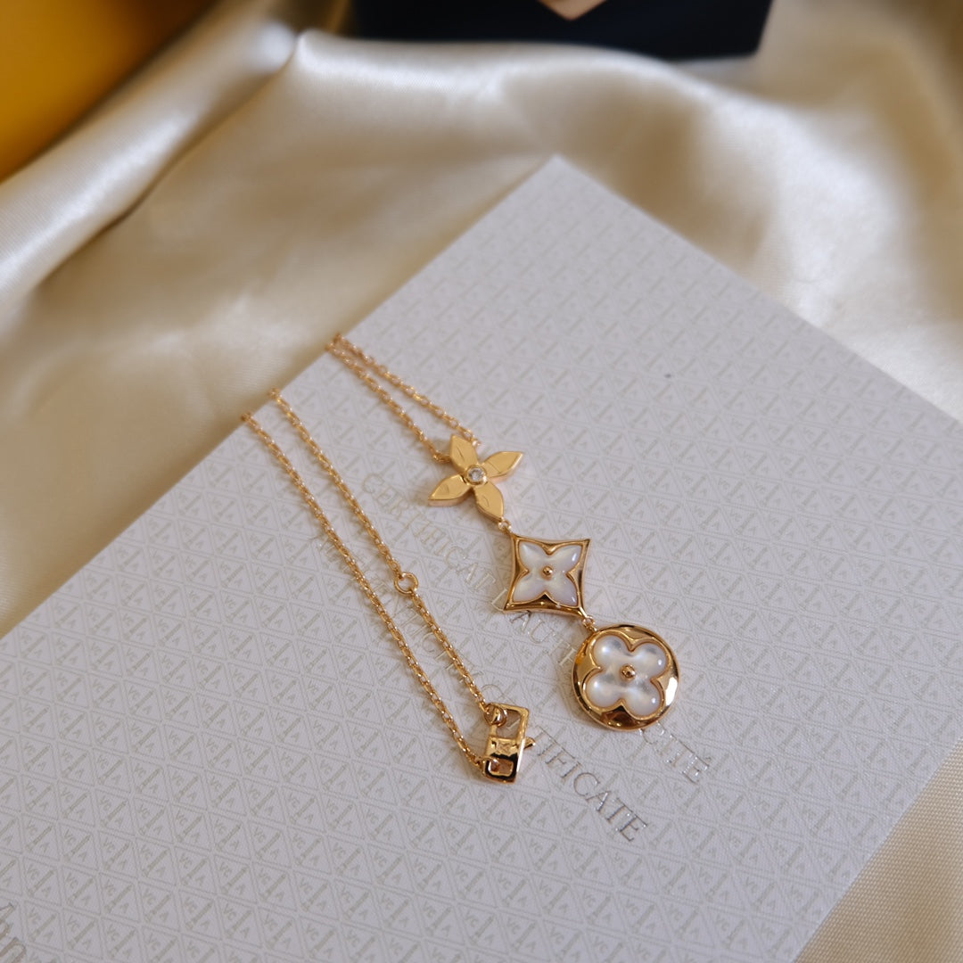 [LunaMar]COLOR BLOSSOM LARIAT NECKLACE ROSE GOLD WHITE MOTHER PEARL AND DIAMOND