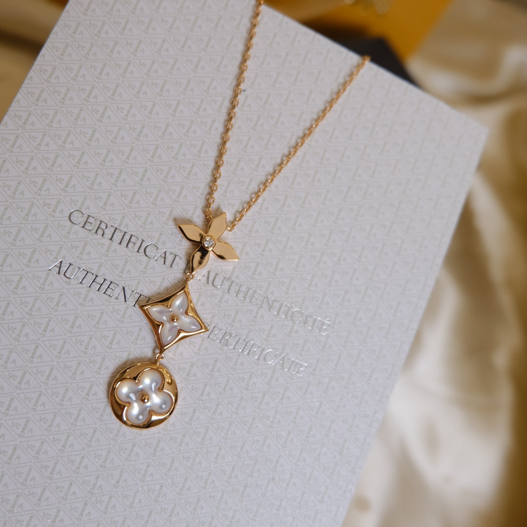 [LunaMar]COLOR BLOSSOM LARIAT NECKLACE ROSE GOLD WHITE MOTHER PEARL AND DIAMOND