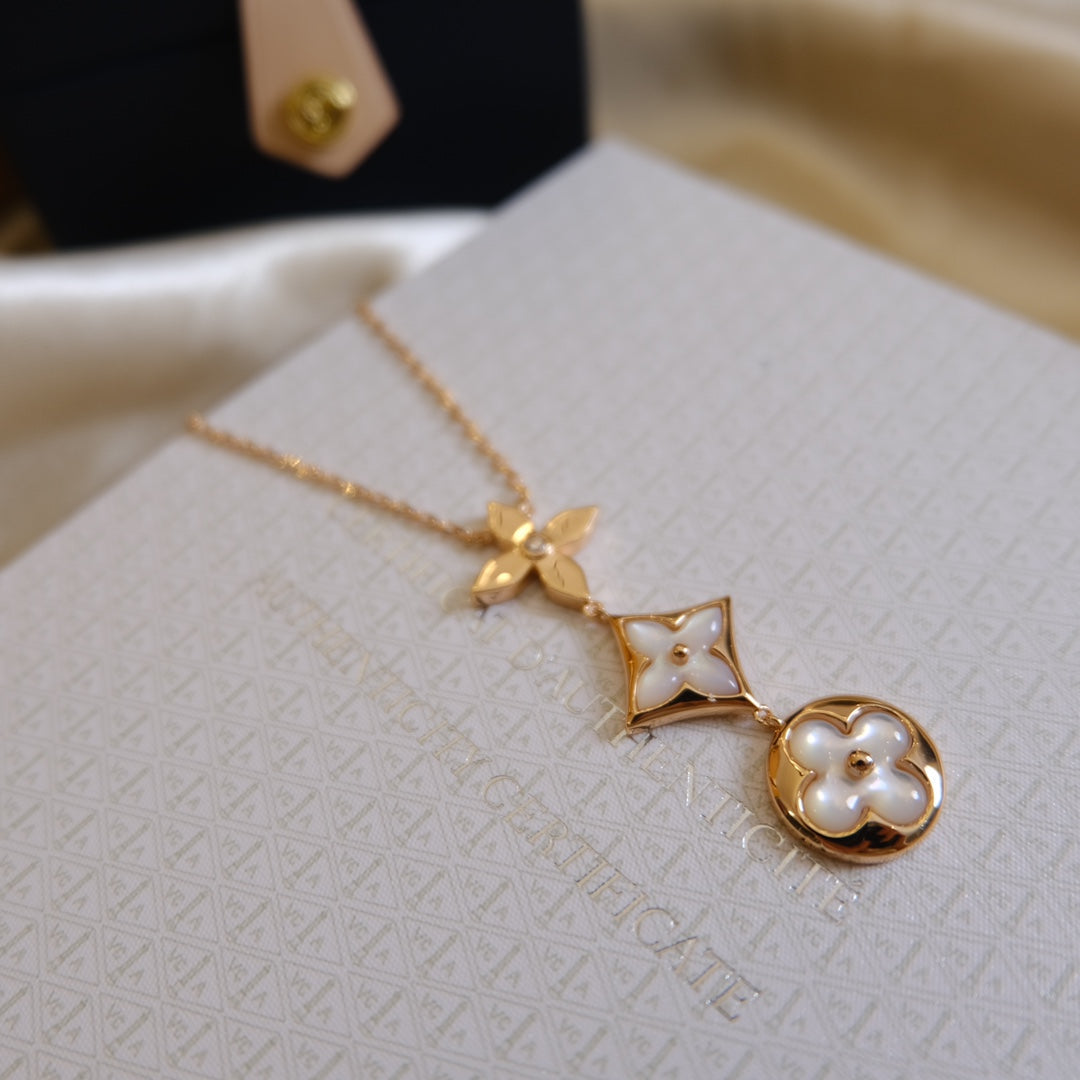 [LunaMar]COLOR BLOSSOM LARIAT NECKLACE ROSE GOLD WHITE MOTHER PEARL AND DIAMOND