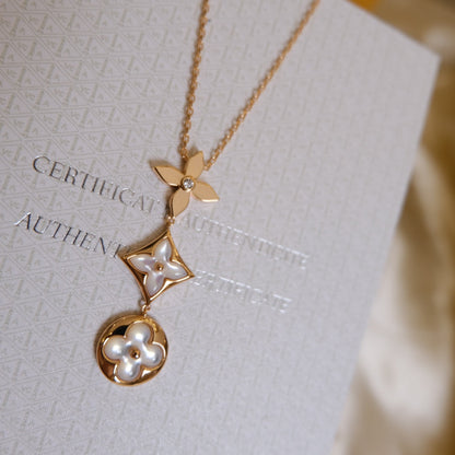 [LunaMar]COLOR BLOSSOM LARIAT NECKLACE ROSE GOLD WHITE MOTHER PEARL AND DIAMOND