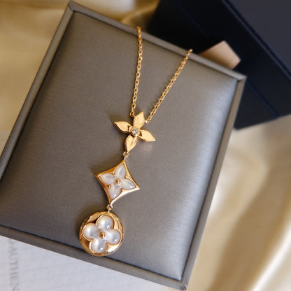 [LunaMar]COLOR BLOSSOM LARIAT NECKLACE ROSE GOLD WHITE MOTHER PEARL AND DIAMOND