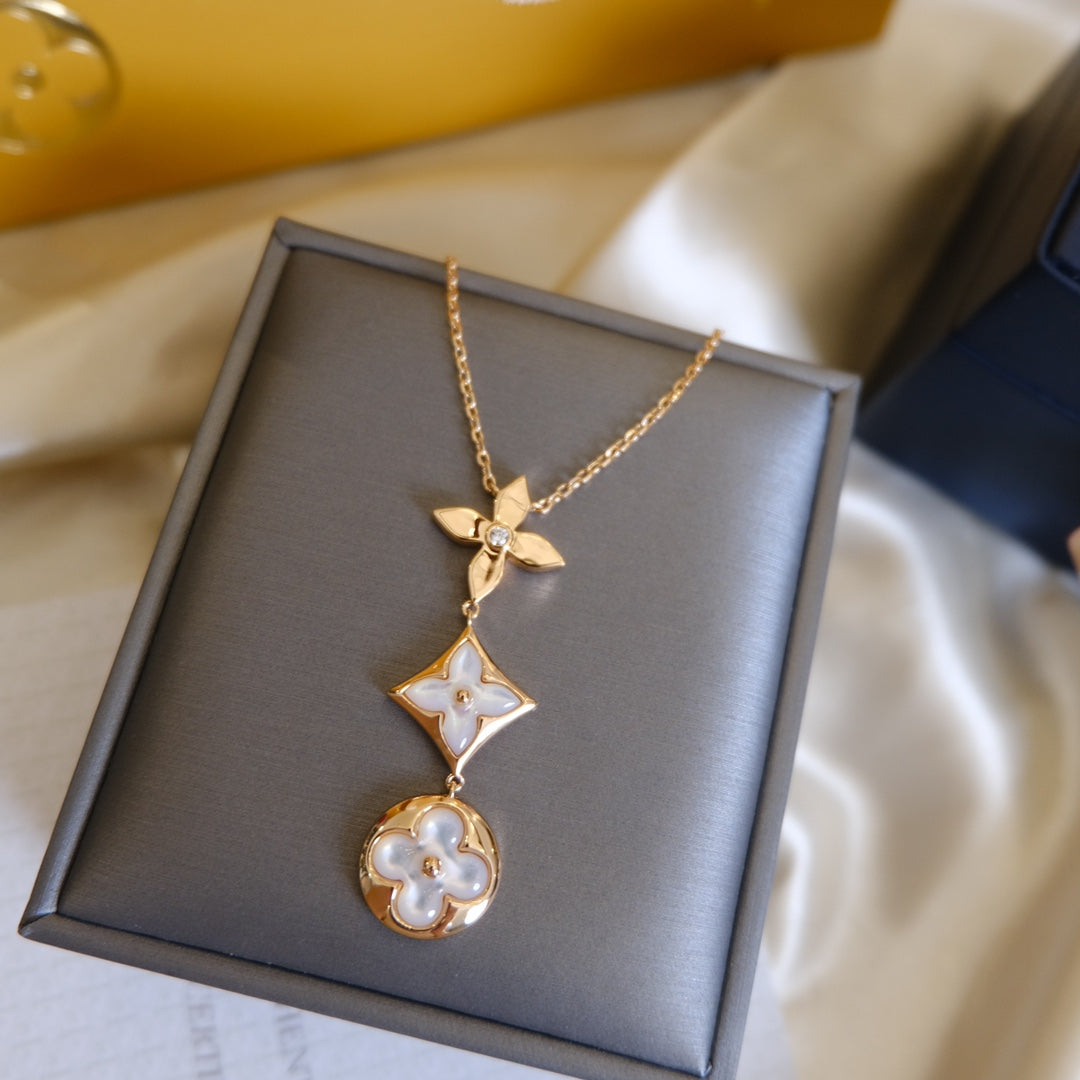 [LunaMar]COLOR BLOSSOM LARIAT NECKLACE ROSE GOLD WHITE MOTHER PEARL AND DIAMOND
