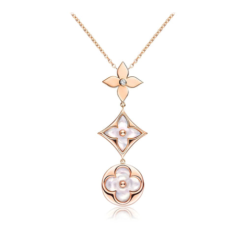 [LunaMar]COLOR BLOSSOM LARIAT NECKLACE ROSE GOLD WHITE MOTHER PEARL AND DIAMOND