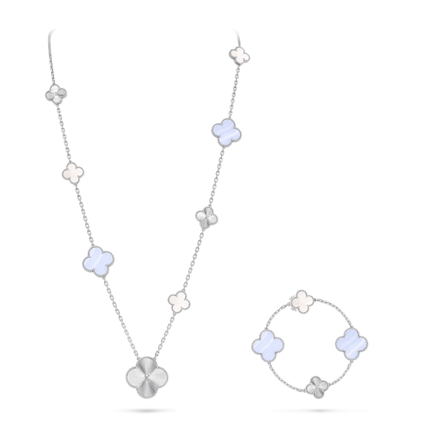 [LunaMar]DETACHABLE 15-MOTIF CLOVER STATEMENT SET - PURPLE CHALCEDONY & LASER
